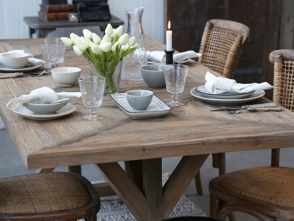 Masă dining din lemn reciclat, natur, 10 locuri, cu bază în formă de capră, 77 x 200 x 90 cm, „Old French”
