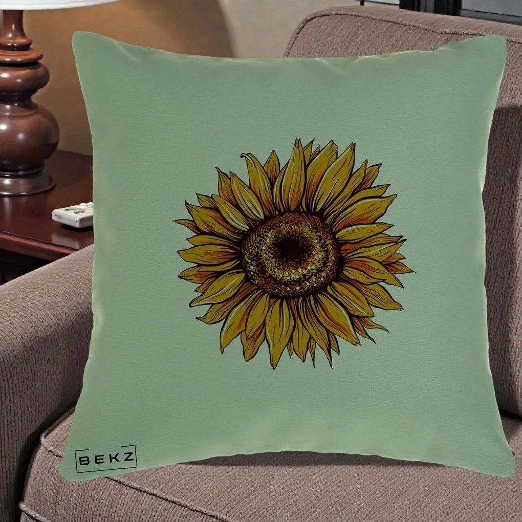 Perna Decorativa Floarea Soarelui Vibranta, 40x40 cm, Verde, Husa Detasabila, Perna Inclusa, BEKZ®
