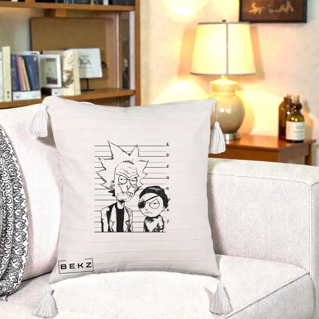 Perna Personalizata Rick si Morty Dosar, 40x40 cm, Bej cu Franjuri, Husa Detasabila, Perna Inclusa, BEKZ®