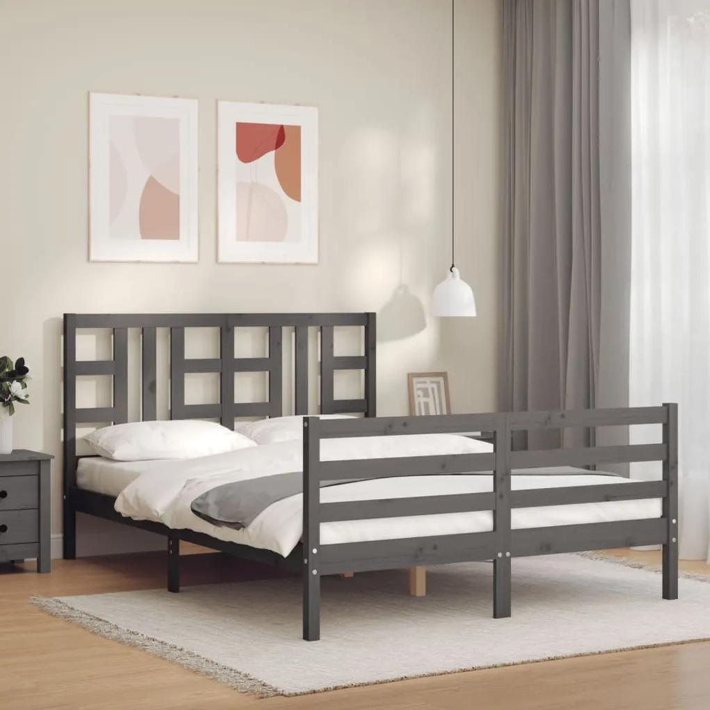 3193898 vidaXL Cadru de pat cu tăblie, dublu, gri, lemn masiv