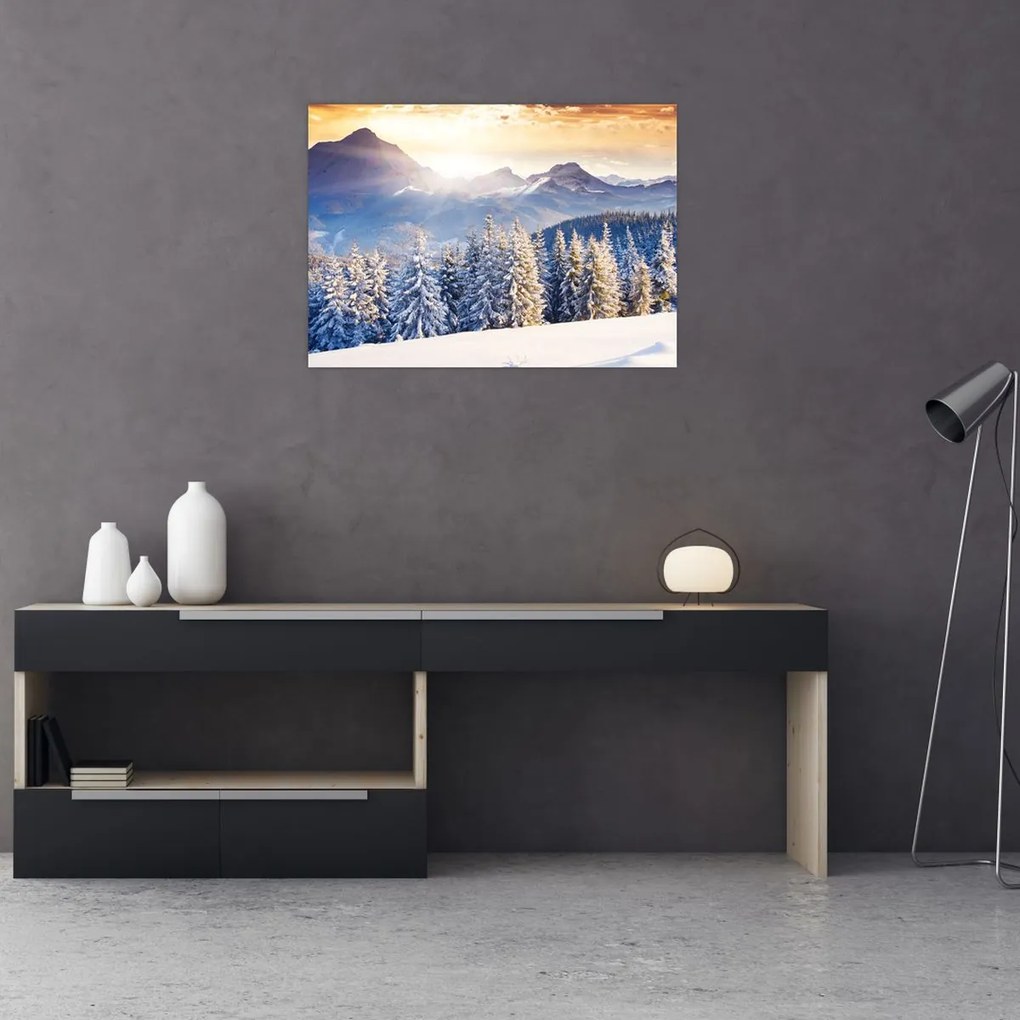 Tablou pe sticlă - Peisaj montan în timpul iernii (70x50 cm)