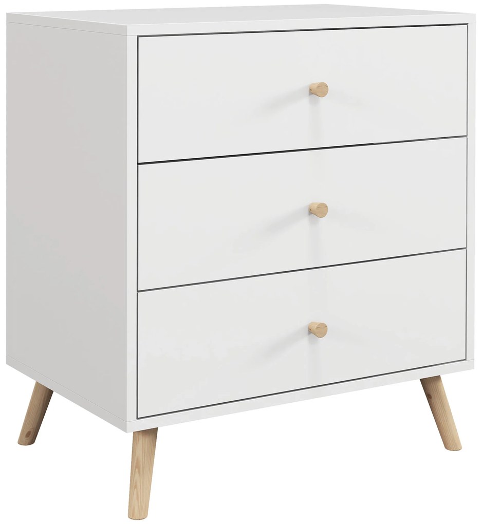 HOMCOM Comodă 3 sertare Design scandinav Mobilier de Depozitare Camera MDF Alb mânere picioare conice Lemn Masiv de pin | Aosom Romania