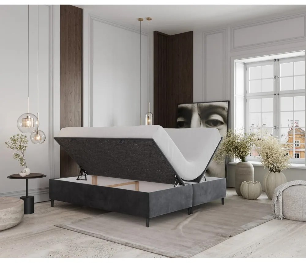 Pat matrimonial gri antracit tapițat cu spațiu de depozitare 160x200 cm Tate – Maison de Rêve