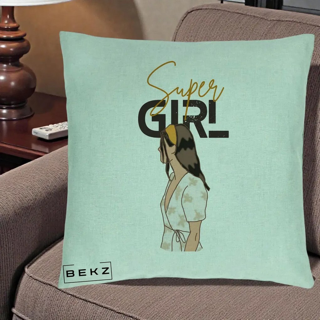 Perna Decorativa Super Girl Aesthetic, 40x40 cm, Verde Menta, Husa Detasabila, Perna Inclusa, BEKZ®