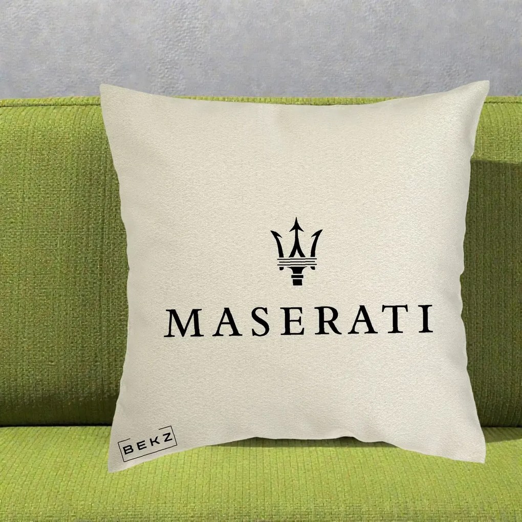 Perna Personalizata cu emblema Maserati, 40x40 cm, Ecru, Husa Detasabila, Perna Inclusa, BEKZ®