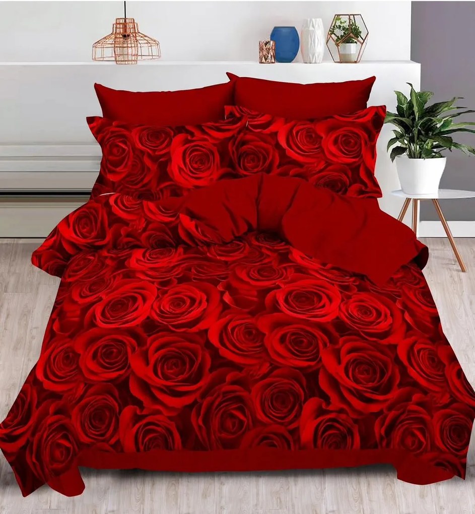 Lenjerie Pat Dublu, Bumbac Finet, 6 Piese, CU ELASTIC - Red Roses