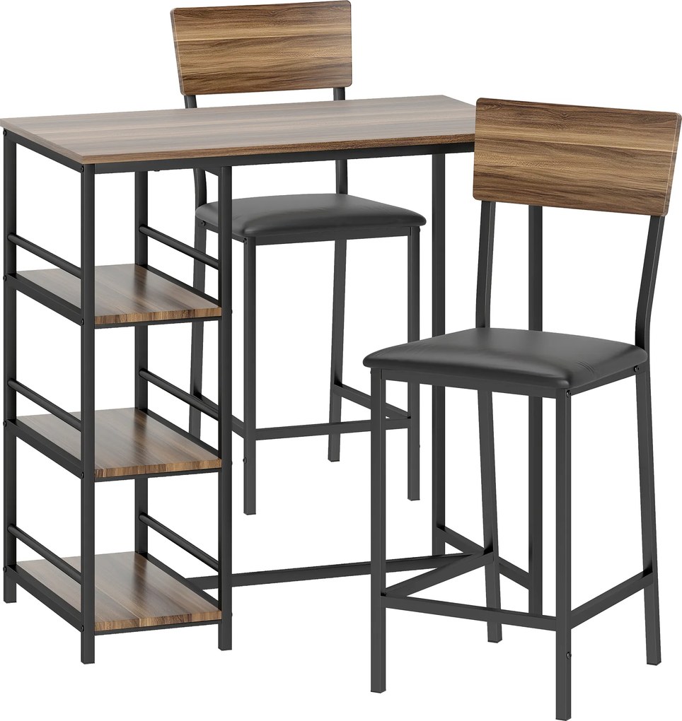 HOMCOM Masă de Bar cu 3 Rafturi și 2 Scaune cu Suport pentru Picioare și Spătar, din Lemn și Oțel, Negru și Nuc | Aosom Romania