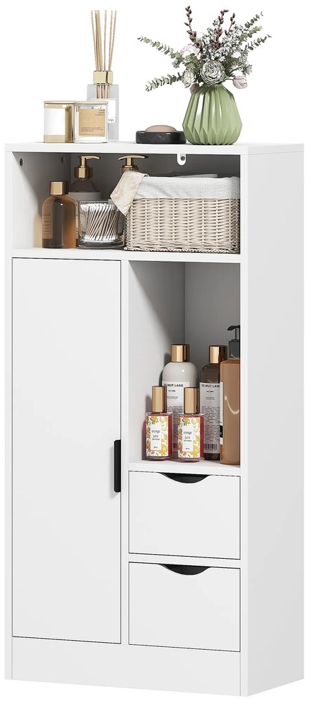 HOMCOM Dulap de Baie cu 2 Sertare Compartiment Deschis și Rafturi Reglabile pentru Spațiu Mic 50x25x100 cm Alb | Aosom Romania
