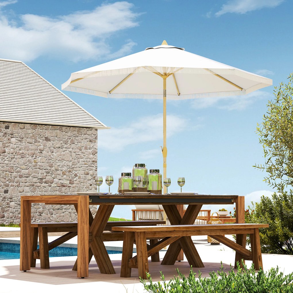 Outsunny Parasol de gradina inclinabil cu manivela si franjuri, stil boem, 8 spirote, Ø 265 x 244 cm alb | Aosom Romania