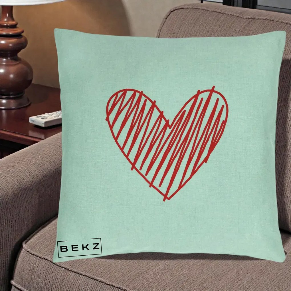 Perna Decorativa Inima Rosie Desen Manual, 40x40 cm, Verde Menta, Husa Detasabila, Perna Inclusa, BEKZ®