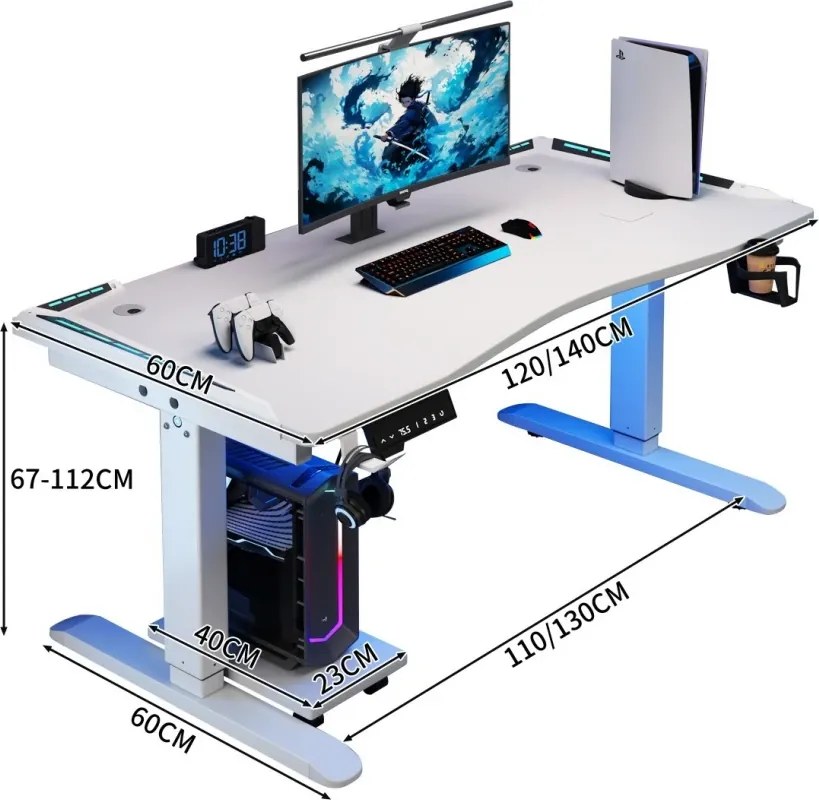 KRYON GT15 – Birou Gaming Electric, 2 Motoare, Reglare 67–112 cm, RGB, Încărcare Wireless, Memorie 3 Poziții, Blat Carbon, 120 kg, 140x60 cm, Alb