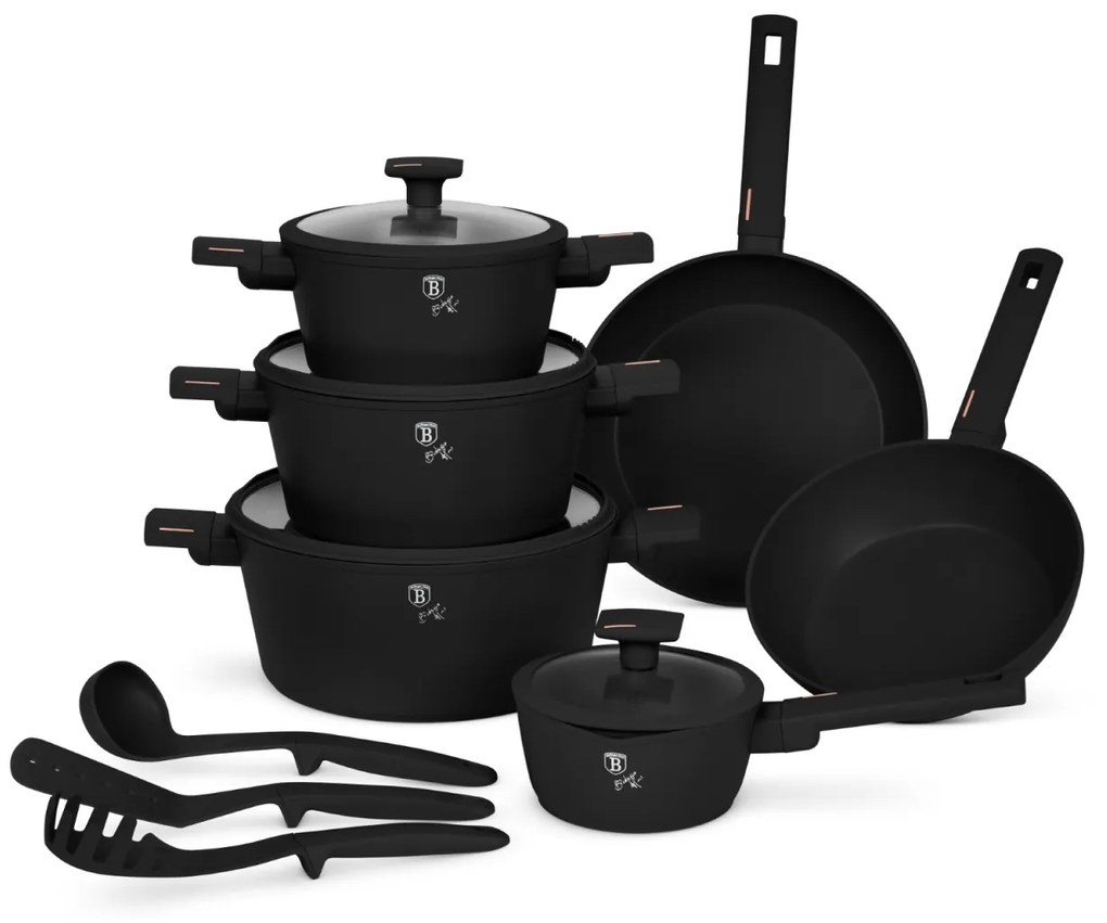 Set oale si tigai cu capace, 15 piese Monaco Berlinger Haus BH 8246, antiaderente, titan, negru