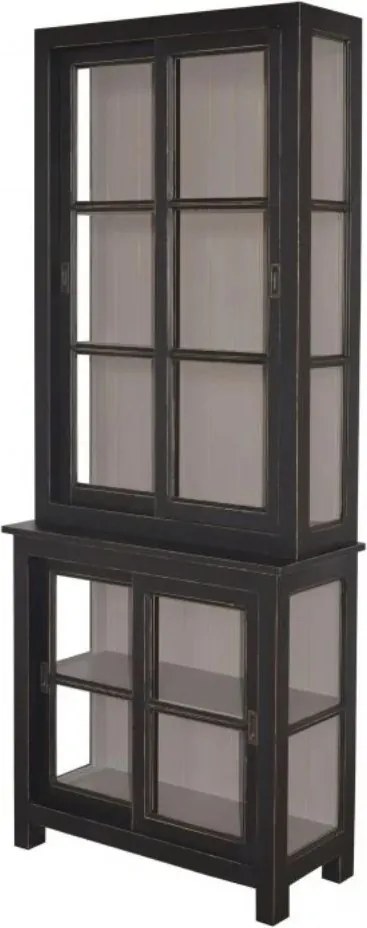 Vitrină vintage din lemn masiv de pin, negru, cu 4 uși glisante vitrate, 1 raft și laterale din sticlă, finisaj antichizat, 220 x 90 x 40 cm, „Gloria”