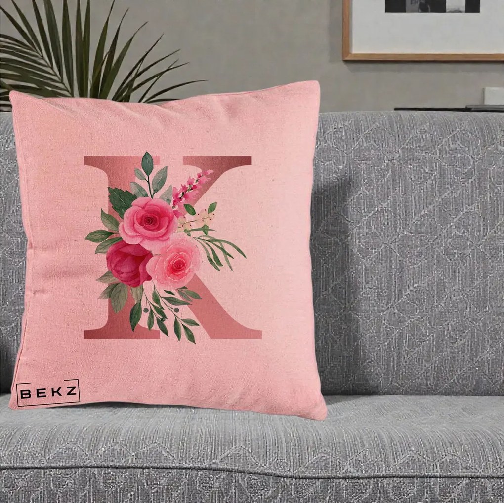 Cadou Personalizat - Perna Personalizata Monograma Rose Gold Litera K, 40x40 cm, Roz, Husa Detasabila, Perna Inclusa, BEKZ®
