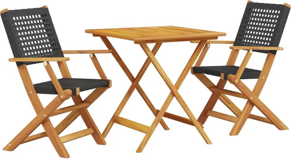 vidaXL Set mobilier bistro, 3 piese, negru, poliratan și lemn masiv