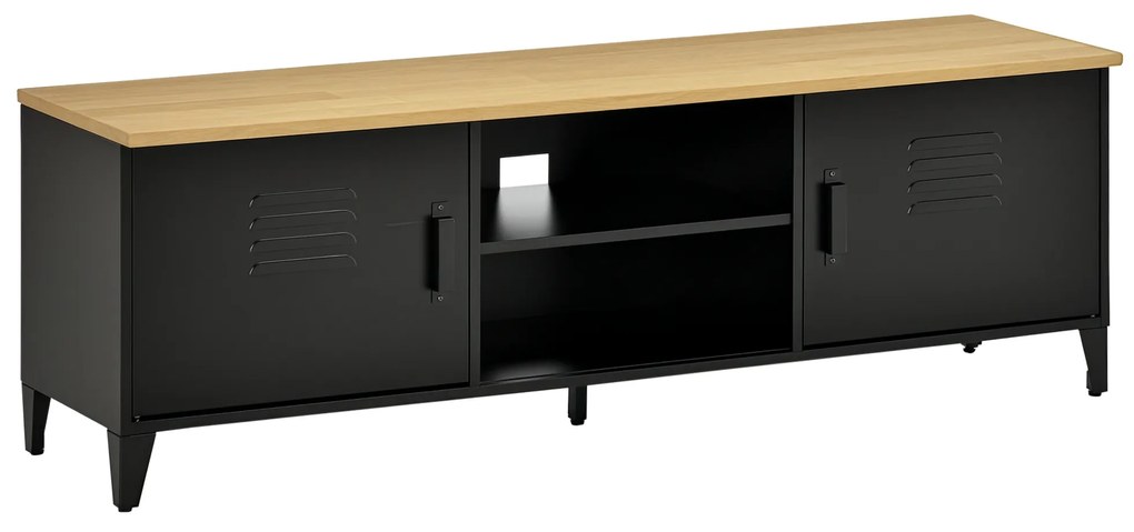 HOMCOM Mobilier TV Banc TV pentru televizoare de 55'' cu 2 Dulapuri Picioare Reglabile Cadru metalic negru Tablou din lemn natural 150 x 40 x 50 cm | Aosom Romania