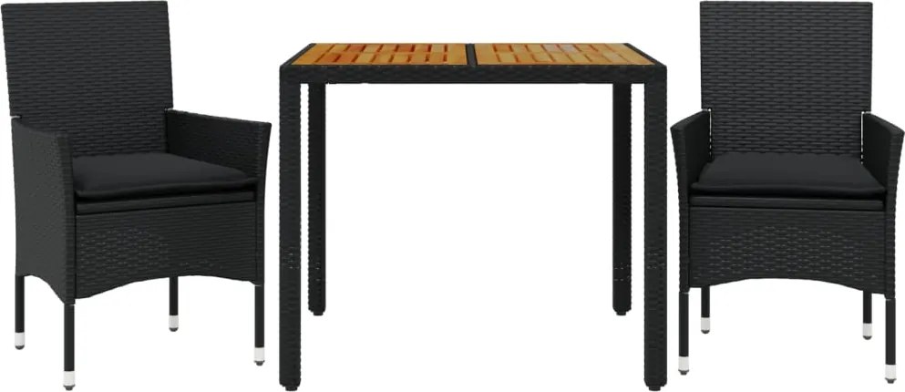 vidaXL Set mobilier grădină perne 3 piese negru poliratan/lemn acacia