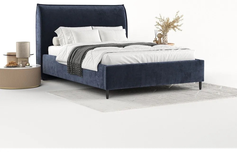 Pat matrimonial albastru închis tapițat cu spațiu de depozitare cu somieră 180x200 cm Shell – Maison de Rêve