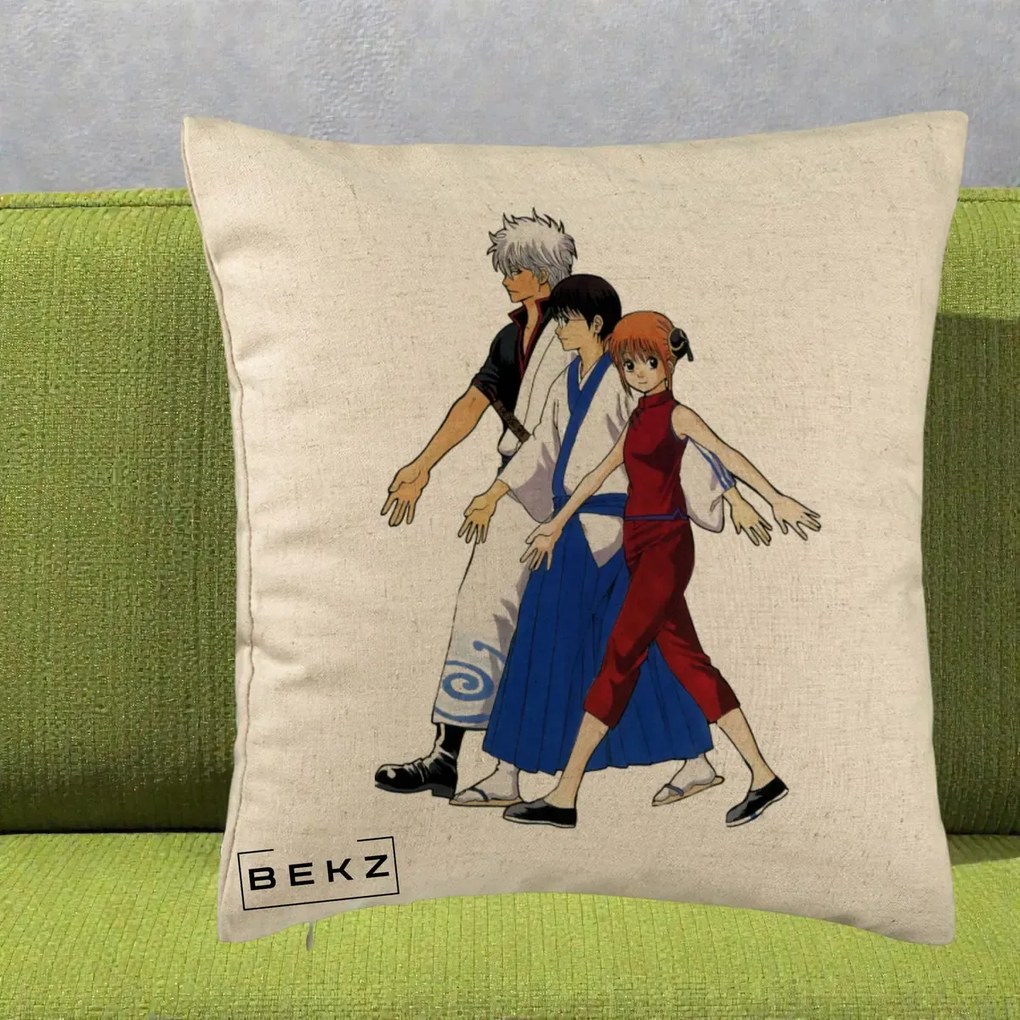 Perna Personalizata Gintama Trio Gintoki Shinpachi Kagura, 40x40 cm, Bej, Husa Detasabila, Perna Inclusa, BEKZ®