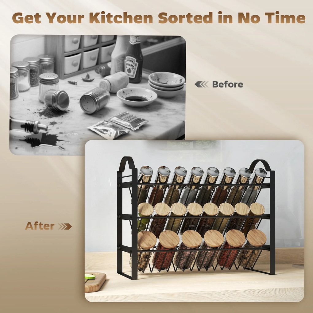 HOMCOM Suport pentru Condimente de Bucătărie cu 3 Nivele, Organizator Salvaspațiu cu Rafturi Înclinate din Metal, Montaj Ușor, Negru | Aosom Romania