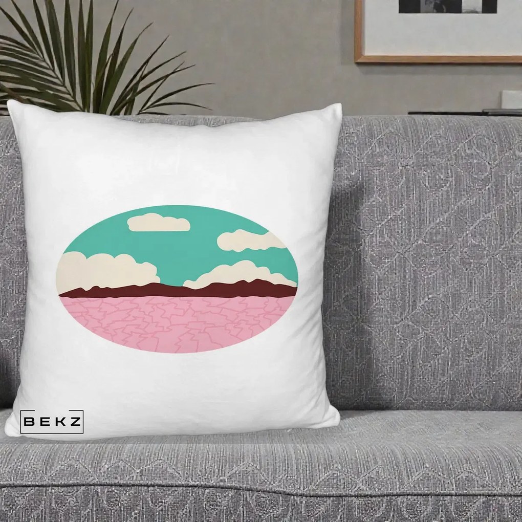 Perna Decorativa Peisaj Desert Oval Pastel, 40x40 cm, Alb Pufos, Husa Detasabila, Perna Inclusa, BEKZ®