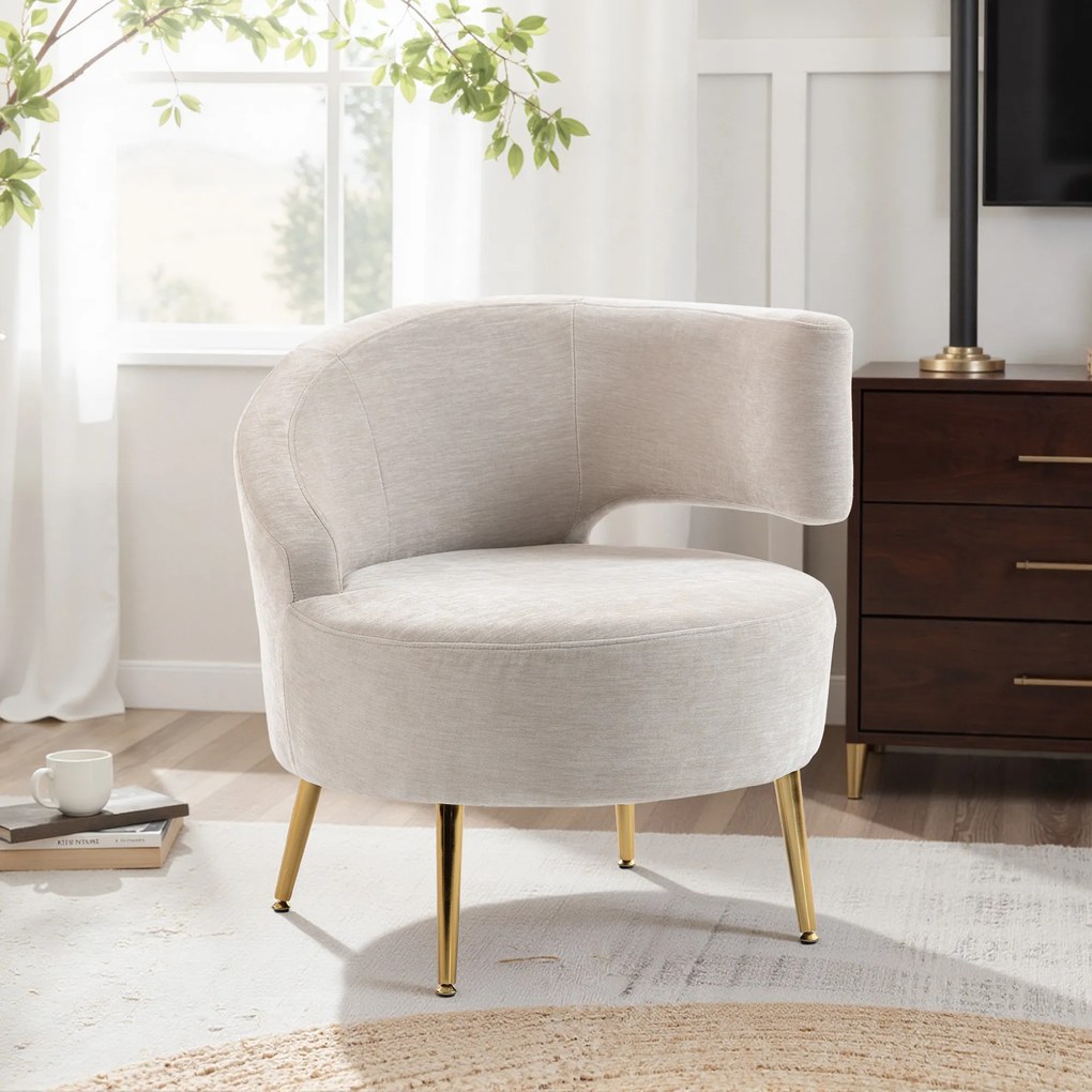 HOMCOM Scaun Modern pentru Living cu Spătar Arcuit și Arcuri Individuale, Tapițat cu Chenille, Spumă, Lemn și Oțel, 69x65x67 cm, Crem și Auriu | Aosom Romania