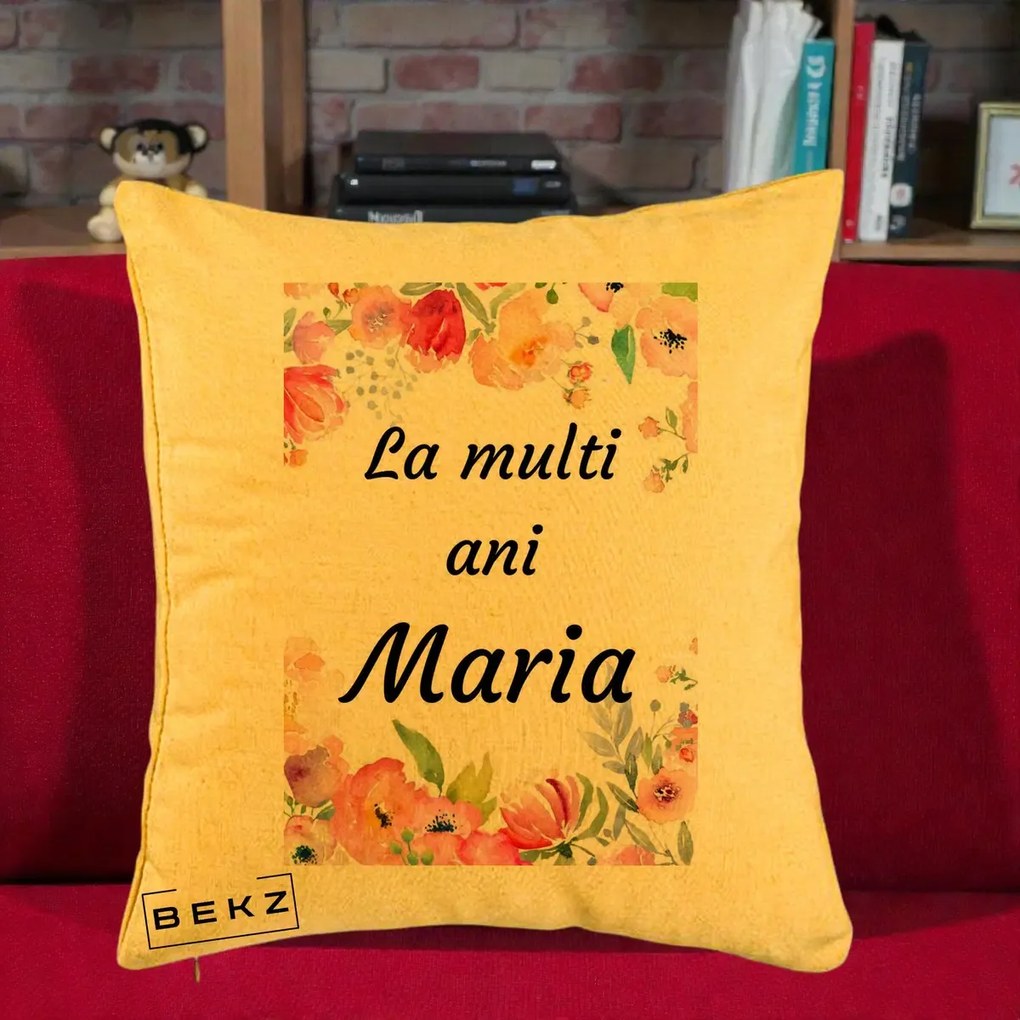 Cadou de Onomastica - Perna Personalizata La Multi Ani Maria Flori Acuarela, 40x40 cm, Galben, Husa Detasabila, Perna Inclusa, BEKZ®
