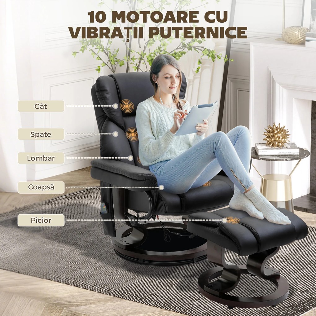 HOMCOM Scaun cu Puf Suport pentru Picioare și Funcție de Masaj, Reclinabil la 145° și Rotativ la 360°, Negru | Aosom Romania
