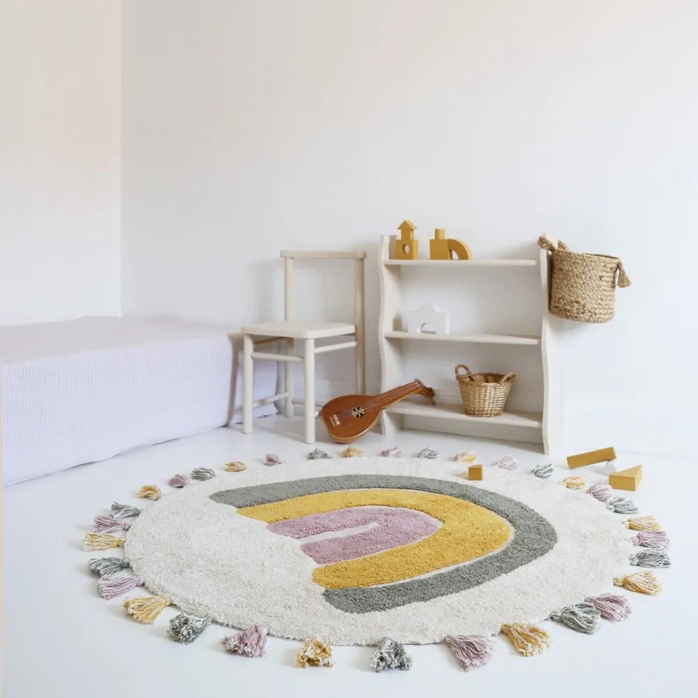 Covor pentru copii crem lavabil țesut manual din bumbac ø110 cm Rainbow Moss – Nattiot