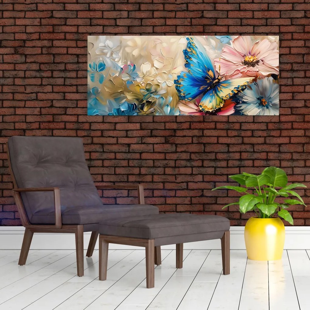 Tablou - Pictura de flori și fluturi (120x50 cm)