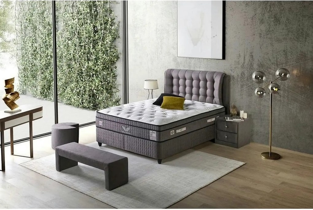 Pat Lateks Comfort 180X200, stofa gri, cu somiera si lada pentru depoz