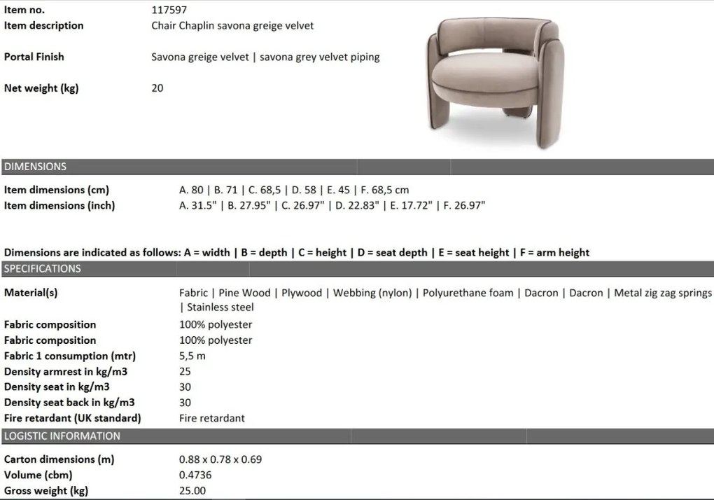 Scaun modern design LUX Chaplin, Savona greige