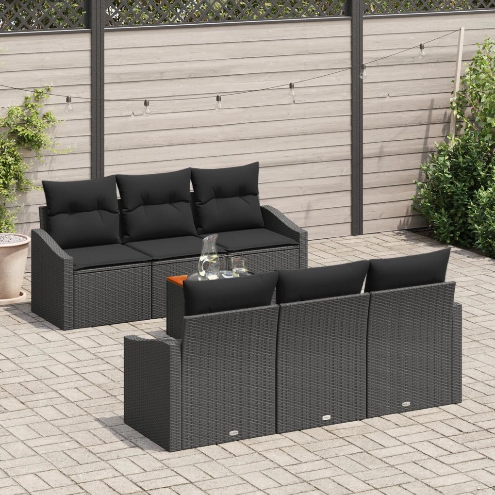 vidaXL Set de grădină cu 7 piese, perne incluse, Negru, Rattan polițat, Acacia