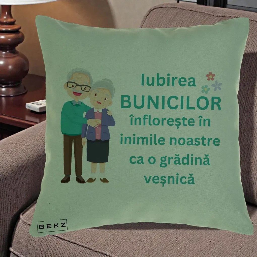 Cadou pentru Bunici - Perna Personalizata Bunicii Iubirea Infloreste Cuplu Senior Teal, 40x40 cm, Verde, Husa Detasabila, Perna Inclusa, BEKZ®