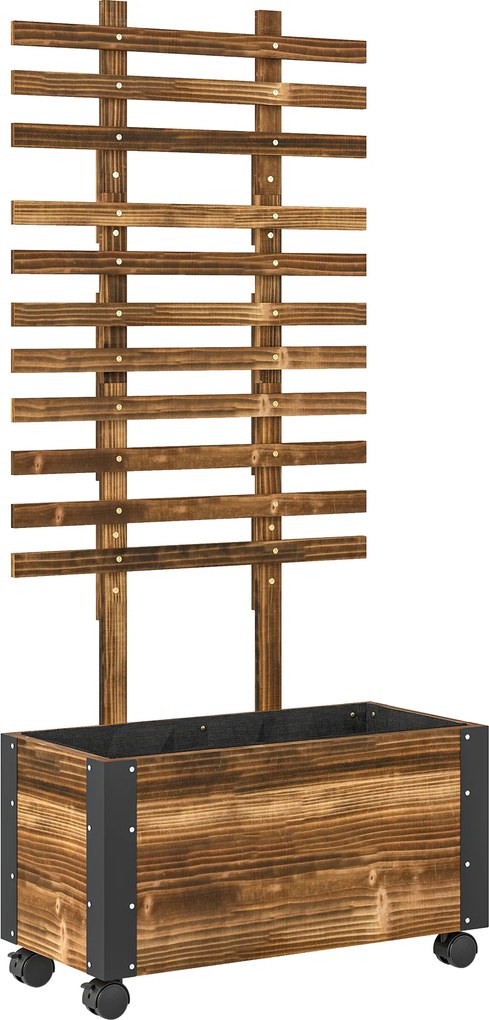 Outsunny Jardiniera cu Spalier pentru Plante Agatatoare si Roti, Jardiniera din Lemn de Brad cu Design Autodrenant, 65x31x147 cm, Maro Carbonizat