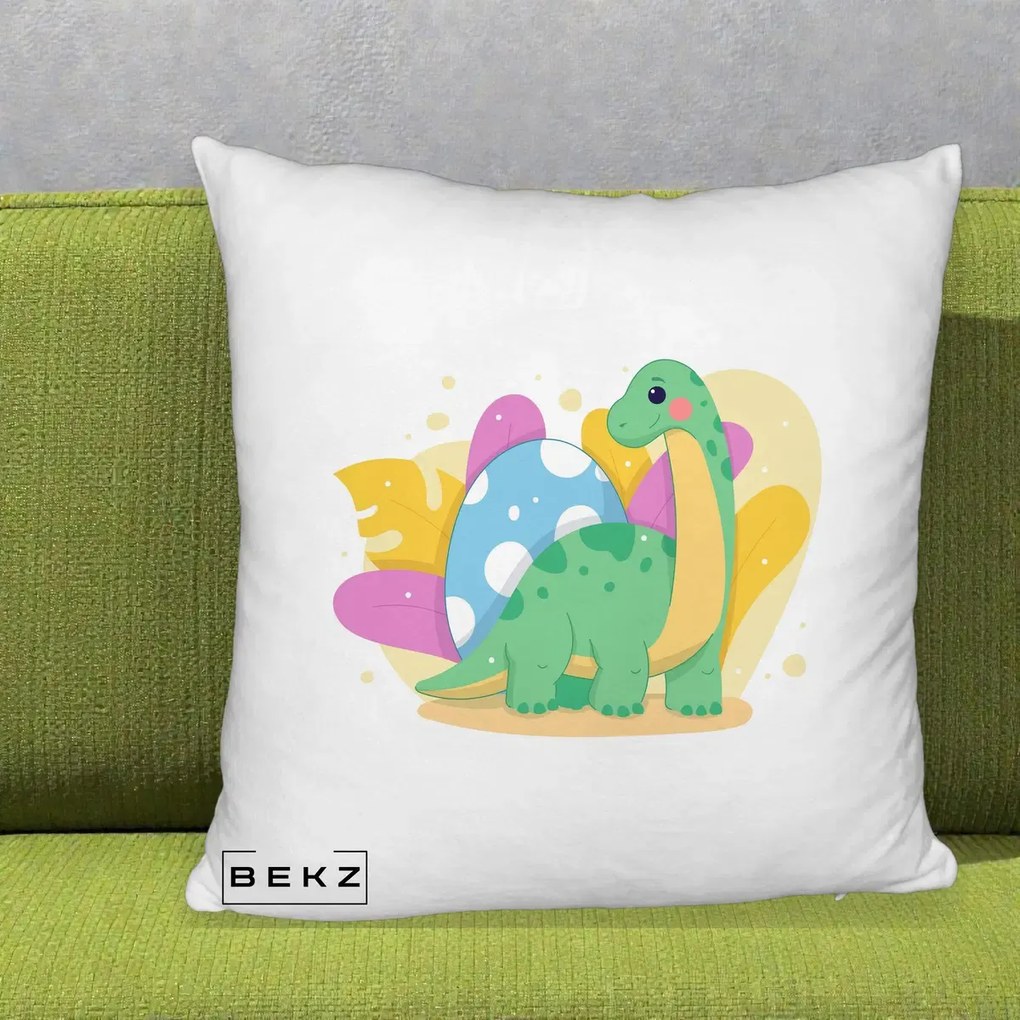 Perna Personalizata Dinozaur cu Ou Pastelat, 40x40 cm, Alb Pufos, Husa Detasabila, Perna Inclusa, BEKZ®
