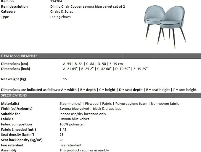 Set de 2 scaune design elegant LUX Cooper, catifea albastra 114304 HZ