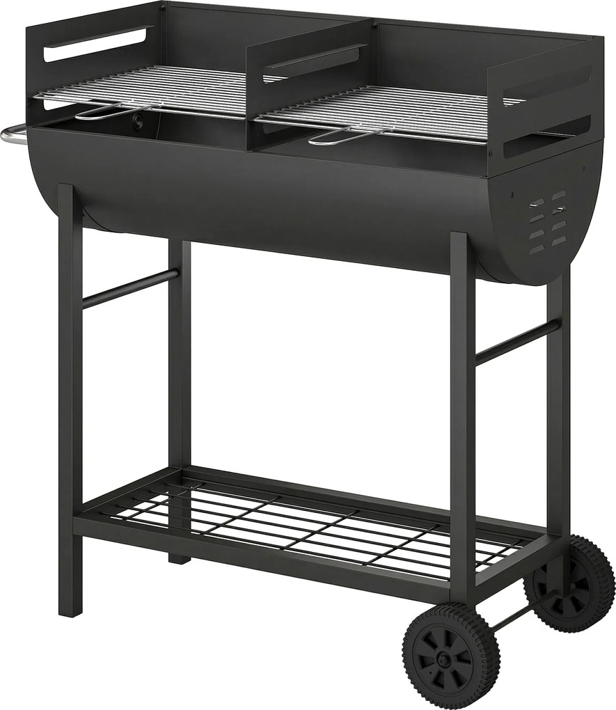 Outsunny Grătar pe cărbune cărucior cu 2 zone de gătit grilă reglabilă pe înălțime raft pentru lemne roți mâner lateral, 103 x 46,5 x 100cm | Aosom Romania