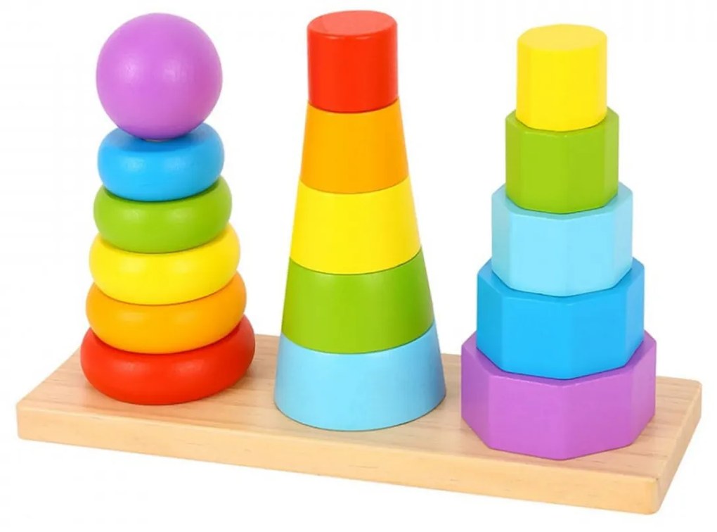 Jucarie educativa sortatoare din lemn masiv NOVOKIDS™ Wooden Towers, 3 in 1, Cu forme geometrice, Materiale Eco, Multicolor