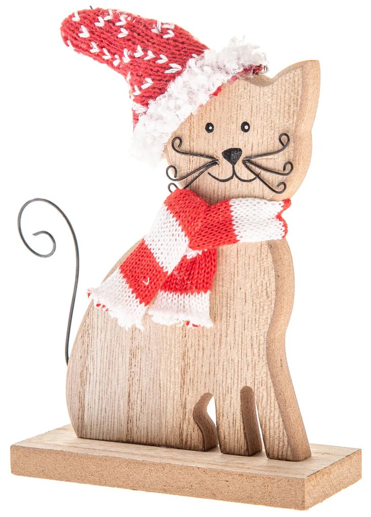 Pisică din lemn cu eșarfă și căciulă tricotate, 14cm