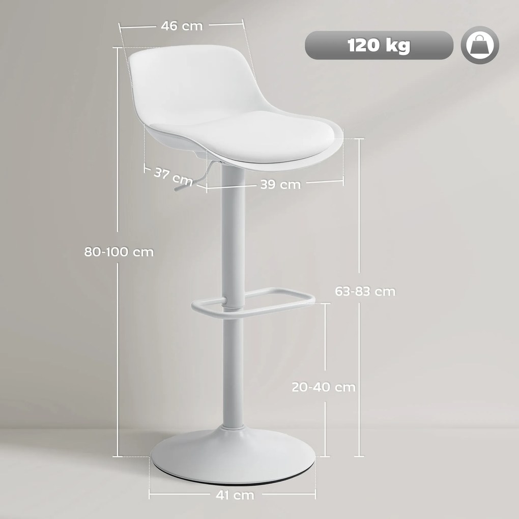 HOMCOM Set de 2 Scaune de Bar Rotative cu Spătar și Înălțime Reglabilă Alb | Aosom Romania