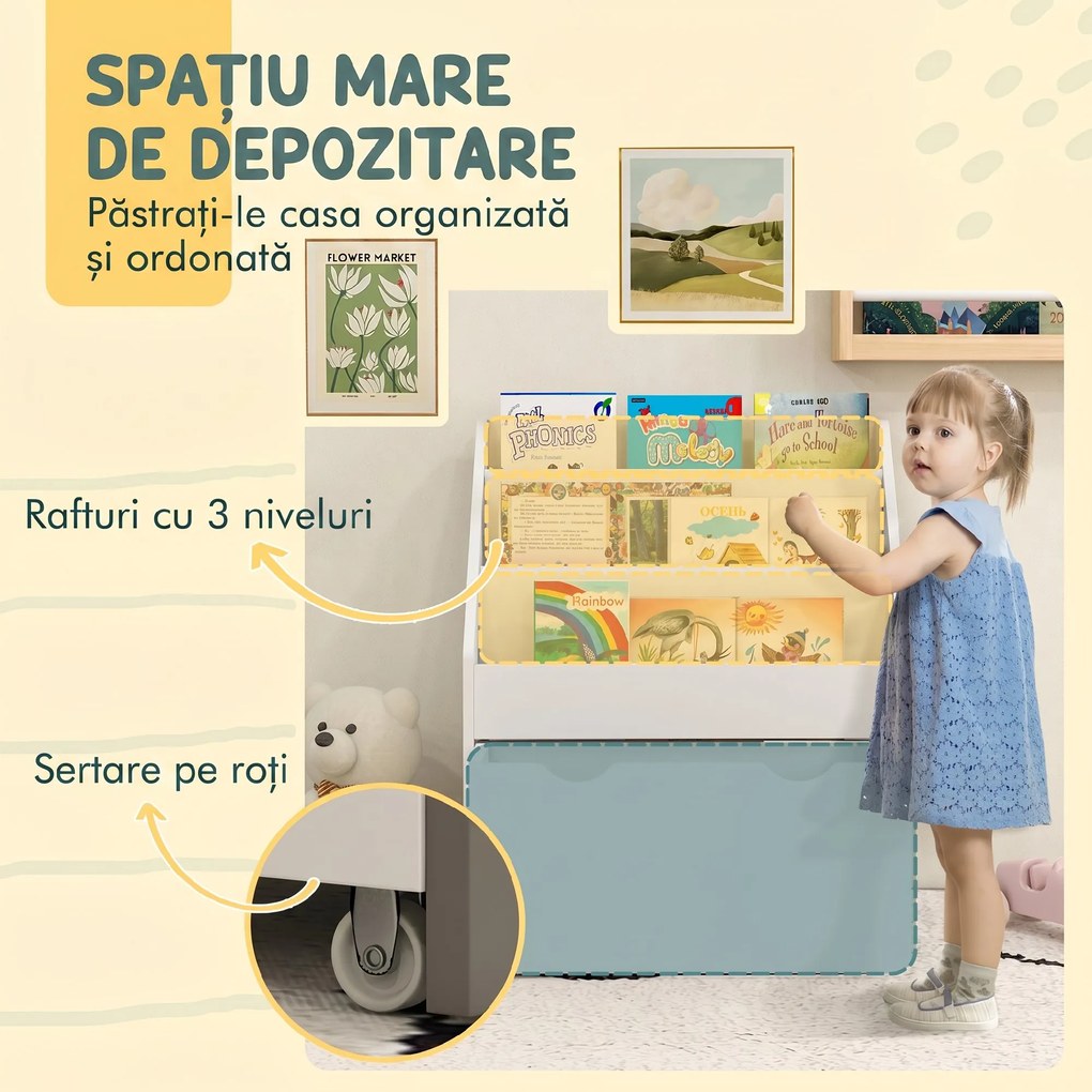 AIYAPLAY Bibliotecă Copii 3-8 Ani cu 3 Rafturi și Sertar, Raft de Depozitare Jucării, 62,5x30x70 cm, Alb | Aosom Romania