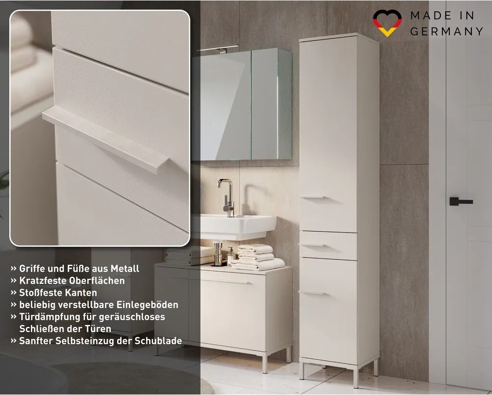 Dulap de baie crem înalt/îngust cu aspect mat 34x190 cm Laurino – Germania