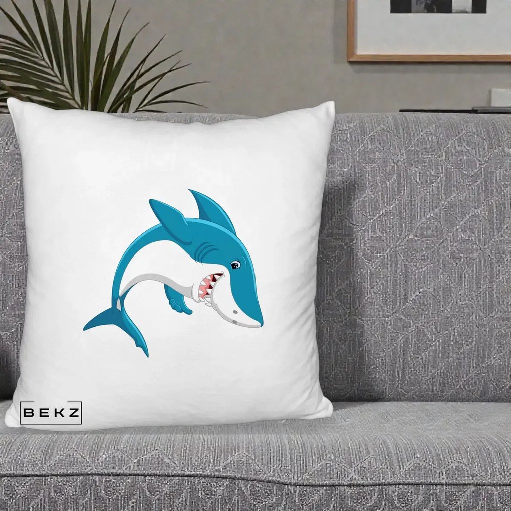 Perna Decorativa Rechin Albastru Cartoon, 40x40 cm, Alb Pufos, Husa Detasabila, Perna Inclusa, BEKZ®