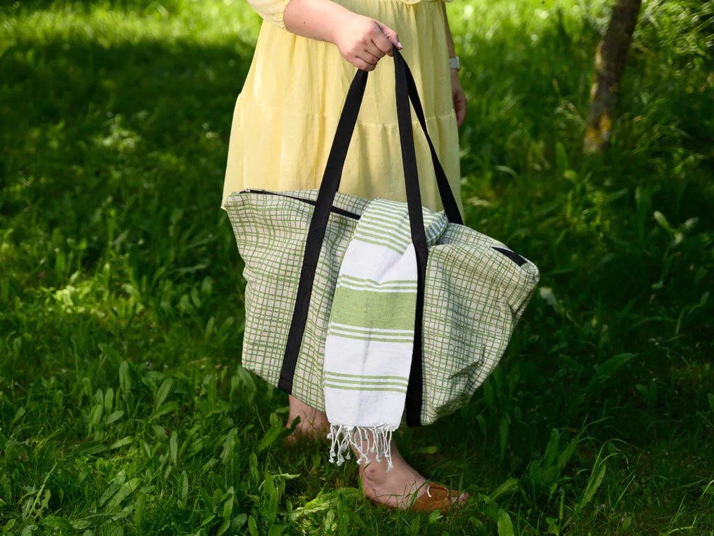 Set elegant geanta de plaja + prosop HAMAM 75 x 150 cm, verde