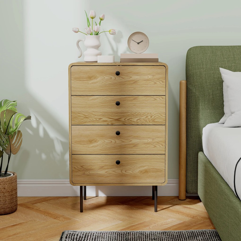 HOMCOM Comodă 4 sertare, mobilier de depozitare îngust cu picioare din oțel, colțuri rotunjite, 60 x 39 x 91,5 cm, stejar | Aosom Romania