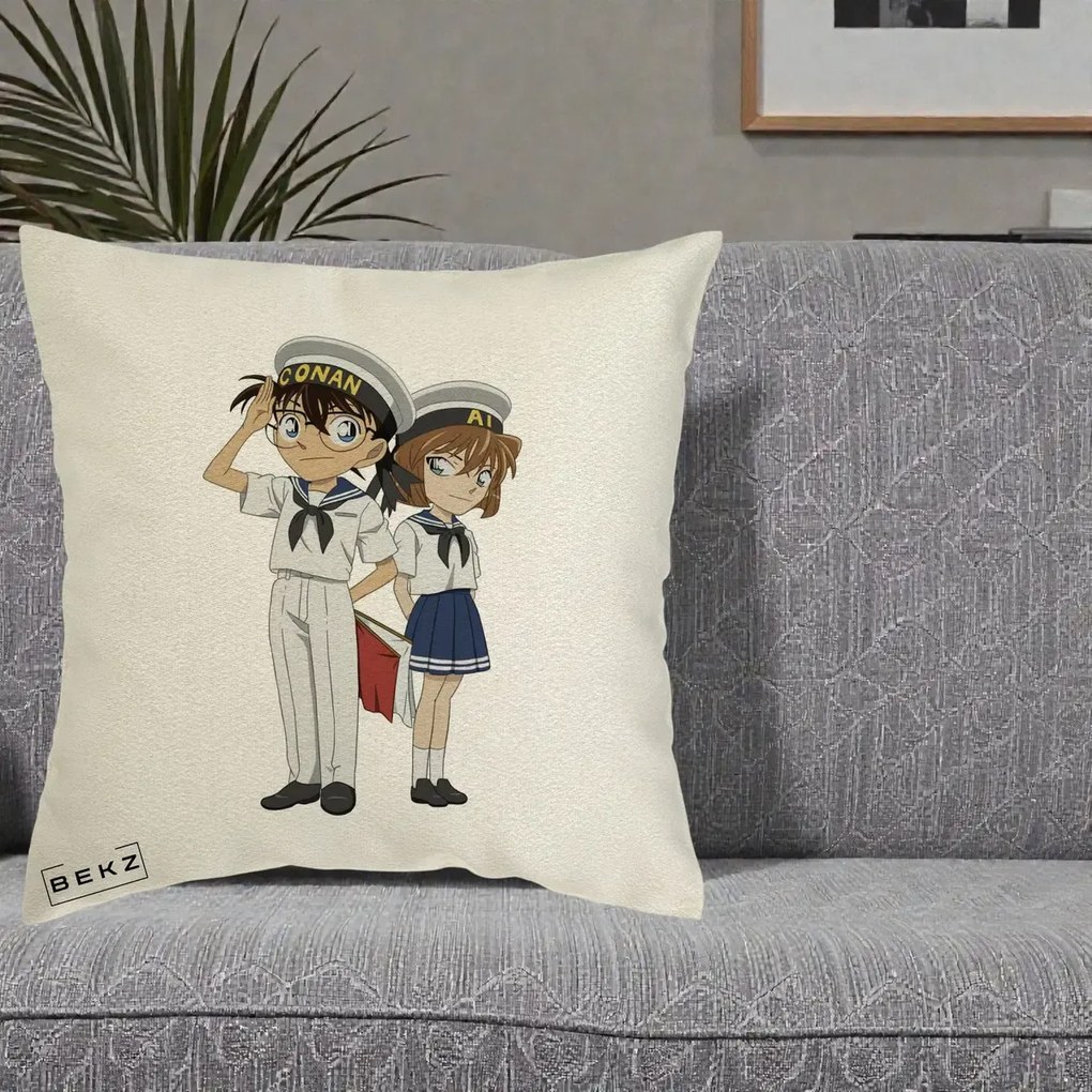 Perna Personalizata Detective Conan Conan si Ai Sailor, 40x40 cm, Ecru, Husa Detasabila, Perna Inclusa, BEKZ®