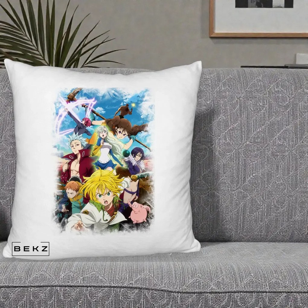 Perna Personalizata Nanatsu no Taizai Cele Sapte Pacate Mortale Anime, 40x40 cm, Alb Pufos, Husa Detasabila, Perna Inclusa, BEKZ®