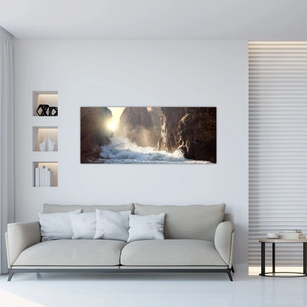 Tablou - Stânci și valuri ale oceanului (120x50 cm)