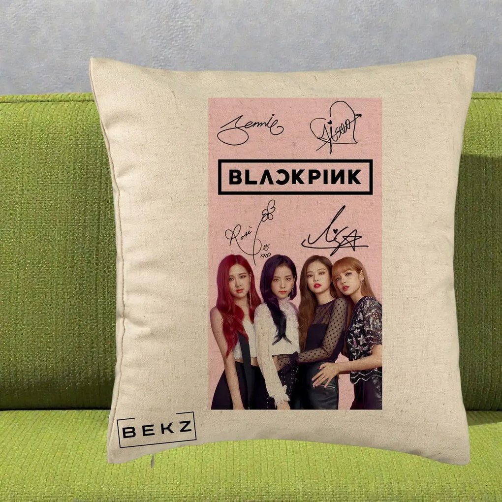 Perna Personalizata K-pop BLACKPINK Semnaturi si Foto, 40x40 cm, Bej, Husa Detasabila, Perna Inclusa, BEKZ®